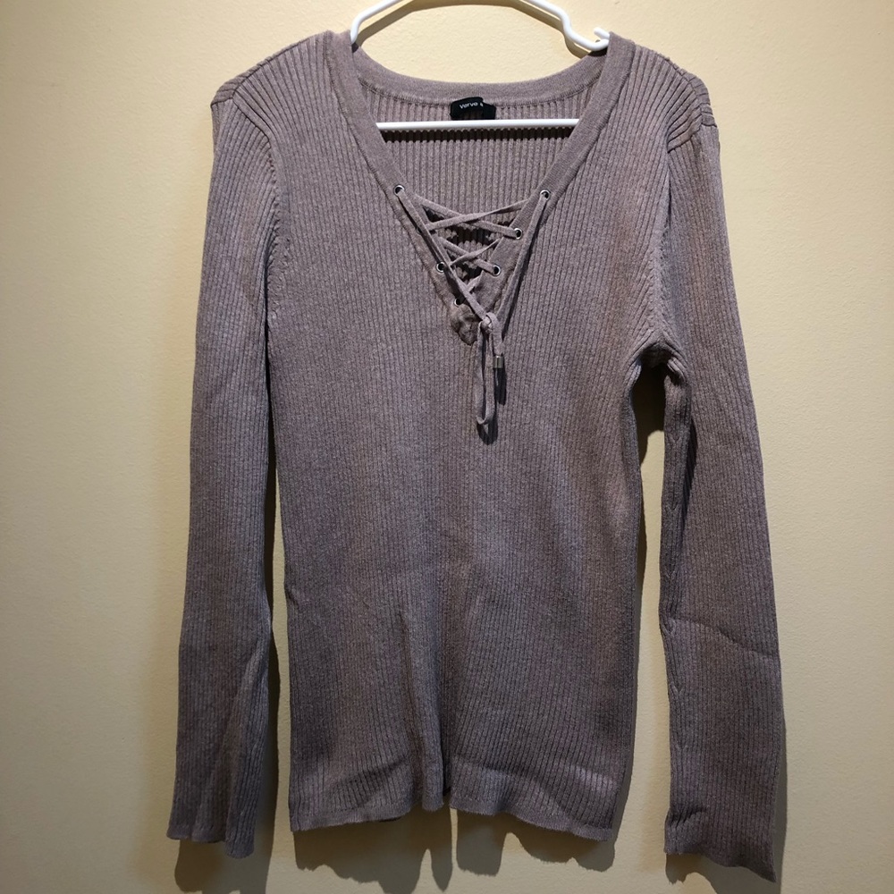 🎀 Taupe corset lace up stretchy sweater 🎀
